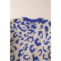 Dark Blue Stripe Sleeve Leopard Print Open Front Cardigan With Pockets - M thumbnail
