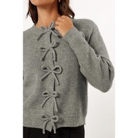 Philippine Gray Ribbed Knit Bow Front Buttoned Cardigan - L thumbnail
