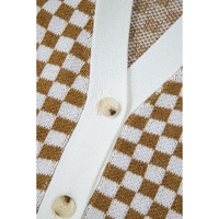 Brown Checkered Striped Patched Buttoned V Neck Cardigan - L thumbnail