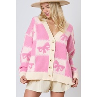 Pink Bowknot Checkered Pattern V Neck Drop Shoulder Button Up Cardigan - L thumbnail