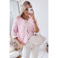 Light Pink Checkered Knitted Lace-up Ruffled 3/4 Sleeve Cardigan - XL thumbnail