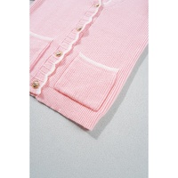 Pink Ribbed Knit Scalloped Edge Side Pockets Buttoned Cardigan - L thumbnail