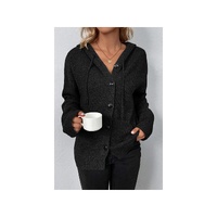 Black Drawstring Hooded Button Up Drop Shoulder Sweater Cardigan - S thumbnail