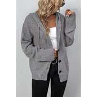Medium Grey Drawstring Hooded Button Up Drop Shoulder Sweater Cardigan - S thumbnail
