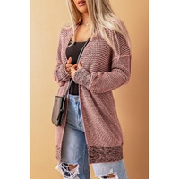 Pink Plaid Knitted Long Open Front Cardigan - L thumbnail