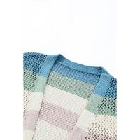 Green Striped Color Block Hollowed Knit Cardigan - M thumbnail