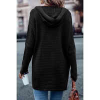 Black Horizontal Rib Knitted Open Front Hooded Cardigan - L thumbnail
