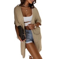 Khaki Dolman Half Sleeve Pocketed Long Cardigan - S thumbnail
