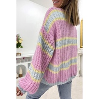 Pink Contrast Striped Open Front Cable Cardigan - L thumbnail