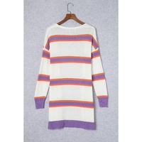 Azura Exchange Beige Striped Long Sleeve Ribbed Trim Button Cardigan - L thumbnail