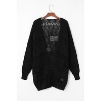 Black Casual Hollowed Knit Dolman Sleeve Cardigan - M thumbnail