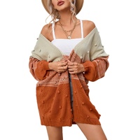 Azura Exchange Brown Pompom Color Block Open Front Cardigan - L thumbnail