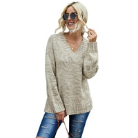 Khaki V neck Drop Shoulder Knitted Sweater - M thumbnail
