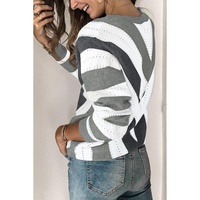 Gray Striped Colorblock V Neck Knitted Sweater - XS thumbnail