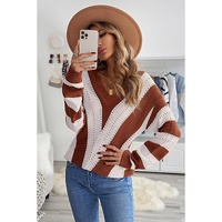 Brown Striped Colorblock V Neck Knitted Sweater - S thumbnail