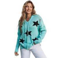 Green V Neck Star Pattern Hooded Sweater with Slits - M thumbnail