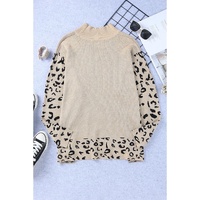 Khaki Leopard High Neck Side Slit Oversized Sweater - M thumbnail