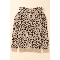 Khaki Leopard Knitted Drawstring Hooded Sweater - L thumbnail