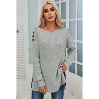 Gray Buttoned Drop Shoulder Oversized Sweater - L thumbnail