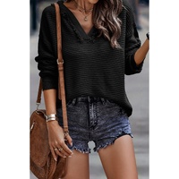 Black V Neck Ribbed Drop Shoulder Hooded Sweater - L thumbnail