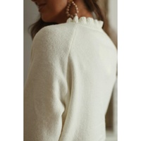 Beige Frill Trim Buttoned Knit Pullover Sweater - L thumbnail