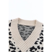 Khaki Leopard Color Block Long Sleeve Sweater - M thumbnail