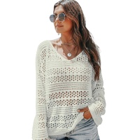 White Hollow Out Crochet V Neck Pullover Sweater - L thumbnail