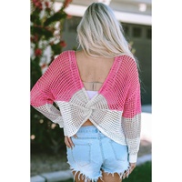 Pink Color Block Eyelet Long Sleeve Twisted Back Knit Top - L thumbnail