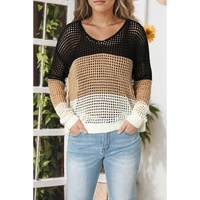 Black Color Block Eyelet Long Sleeve Twisted Back Knit Top - L thumbnail