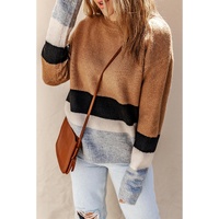 Azura Exchange Brown Color Block Striped Ribbed Knit Sweater - L thumbnail