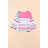 Pink Color Block Striped Three-Quarter Sleeve Knitted Top - M thumbnail