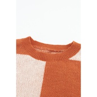 Brown Checkered Floral Print Striped Sleeve Sweater - L thumbnail