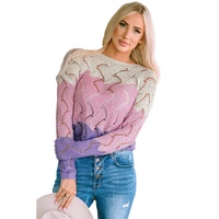 Pink Color Block Hollow Knitted Loose Sweater - L thumbnail