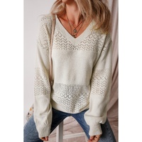 White Eyelet Pattern Detail V Neck Drop Shoulder Sweater - S thumbnail