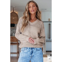 Brown Eyelet Pattern Detail V Neck Drop Shoulder Sweater - S thumbnail
