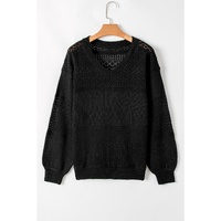 Black Eyelet Pattern Detail V Neck Drop Shoulder Sweater - S thumbnail