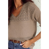 Camel Eyelet Pattern Detail V Neck Drop Shoulder Sweater - 2XL thumbnail