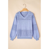 Sky Blue Eyelet Pattern Detail V Neck Drop Shoulder Sweater - L thumbnail