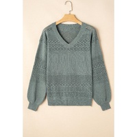 Mist Green Eyelet Pattern Detail V Neck Drop Shoulder Sweater - S thumbnail