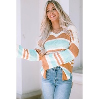 Multicolor Colorblock Stripe Long Sleeve Split Sweater - M thumbnail