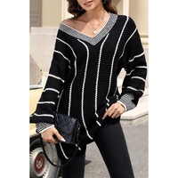 Black Colorblock Striped V Neck Knitted Loose Sweater - XL thumbnail