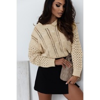 Khaki Eyelets Cable Knit Drop Shoulder Sweater - S thumbnail