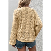 Khaki Hollowed Knit Asymmetric Drawstring Sweater - L thumbnail