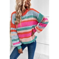 Multicolor Striped Knit Drop Shoulder Puff Sleeve Sweater - L thumbnail