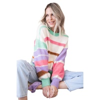 Multicolor Striped Colorblock Drop Shoulder Sweater - L thumbnail