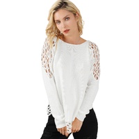 White Solid Scoop Neck Hollow Out Sweater - L thumbnail