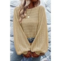 Apricot Lantern Sleeve Eyelets Textured Knit Sweater - S thumbnail