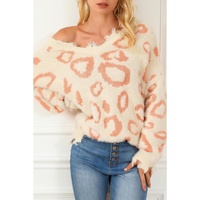 Leopard Animal Print Distressed Trim Fuzzy Sweater - L thumbnail