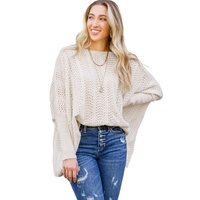 Beige Ribbed Hollow Knit Dolman Sleeve Sweater - XL thumbnail