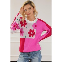 Rose Red Floral Mixed Color Block Sweater - L thumbnail